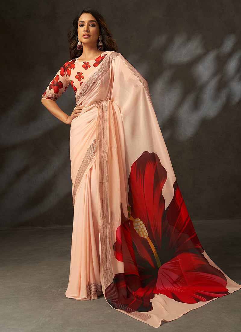 Peach Georgette Floral Digital Print Saree Leisure Wear