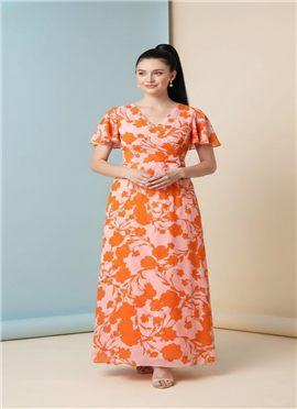 Peach Georgette Floral Maxi Dress