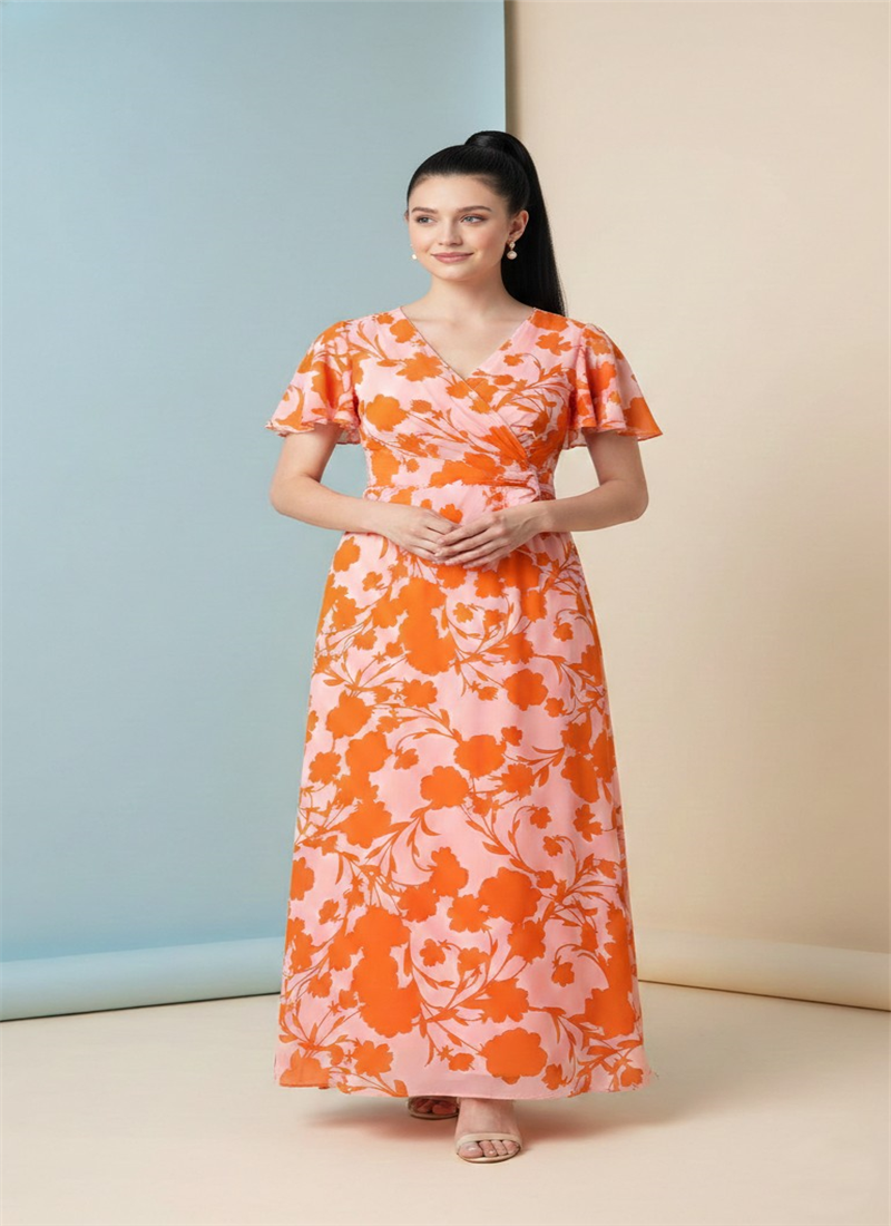 Peach Georgette Floral Maxi Dress Leisure Wear