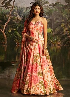 Peach Georgette Hand Embroidered Lehenga