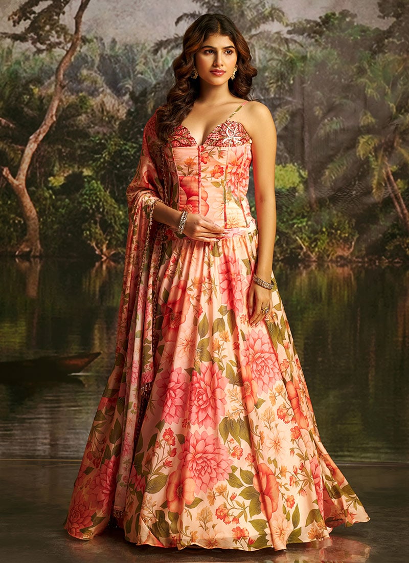 Peach Georgette Hand Embroidered Lehenga Wedding Wear