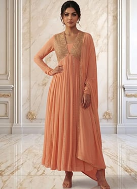 Peach Georgette Hand Embroidered Sequins Anarkali Suit