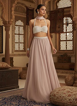 Peach Georgette Mirror And Moti Hand Embroidered Lehenga