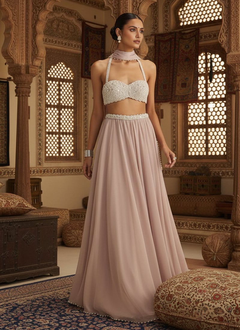 Peach Georgette Mirror And Moti Hand Embroidered Lehenga Wedding Wear