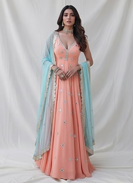 Peach Georgette Mirror Sequins Work Anarkali Suit