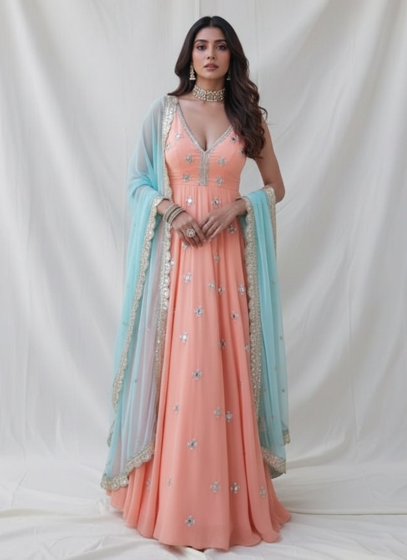 Peach Georgette Mirror Sequins Work Anarkali Suit Festive Wear