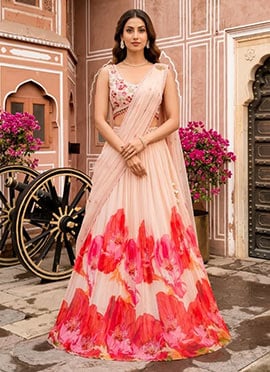 Peach Georgette Resham Sequins And Beads Hand Embroidered Digital Print Lehenga