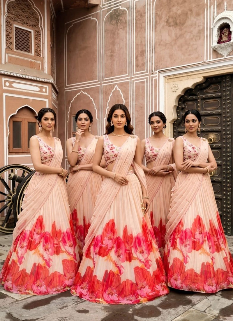 Peach Georgette Resham Sequins And Beads Hand Embroidered Digital Print Lehenga Wedding Wear