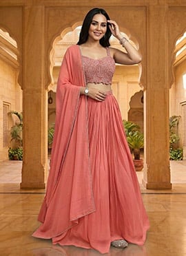 Peach Georgette Sequins Hand Embroidered Lehenga