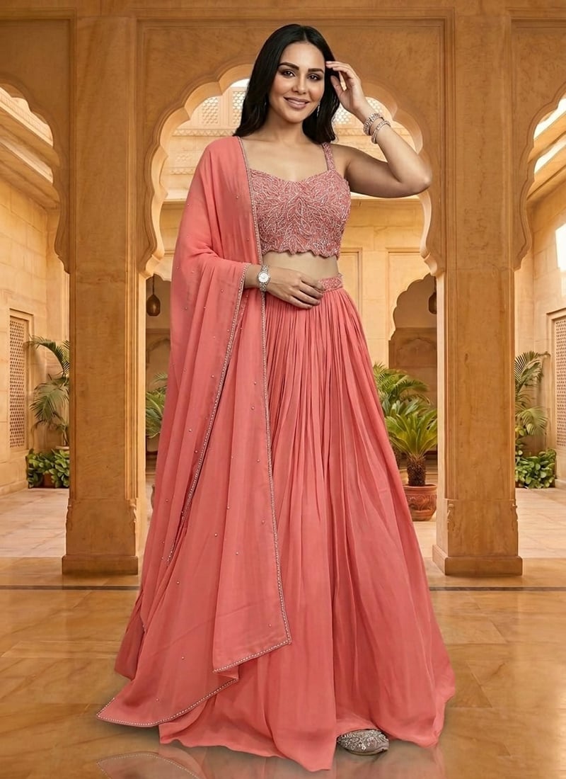Peach Georgette Sequins Hand Embroidered Lehenga Wedding Wear