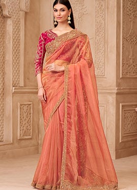 Peach Georgette Silk Embroidered Sequins Saree