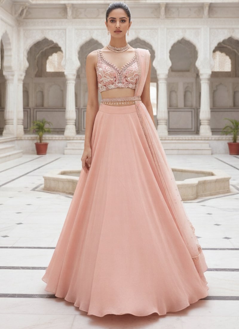 Peach Georgette Stones Beads Hand Embroidered A Line Lehenga Wedding Wear