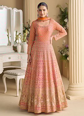 Peach Georgette Zari Embroidered Sequins A Line Anarkali Suit