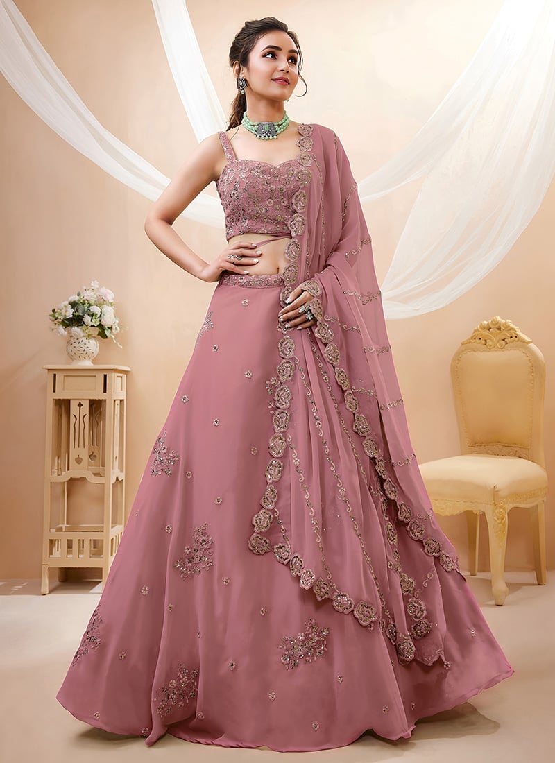 Peach Georgette Zari Embroidered Sequins Lehenga Wedding Wear