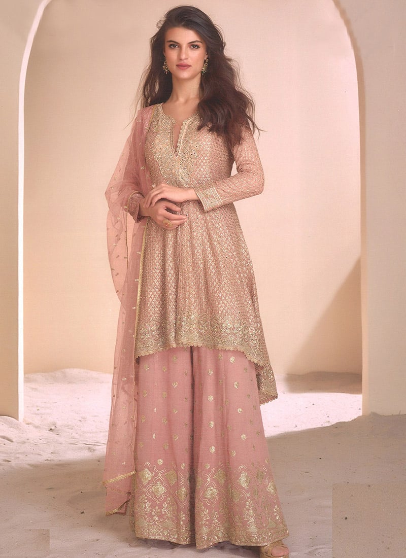 Peach Georgette Zari Embroidered Sequins Pakistani Palazzo Suit Festive Wear