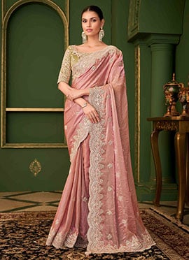 Peach Georgette Zari Embroidered Sequins Saree