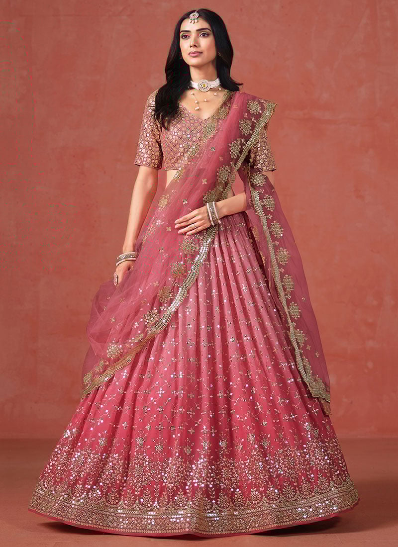 Peach Georgette Zari Embroidered Sequins Umbrella Lehenga