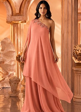 Peach Georgette Zari Embroidered Sequins With Stone Work Indo Western Set