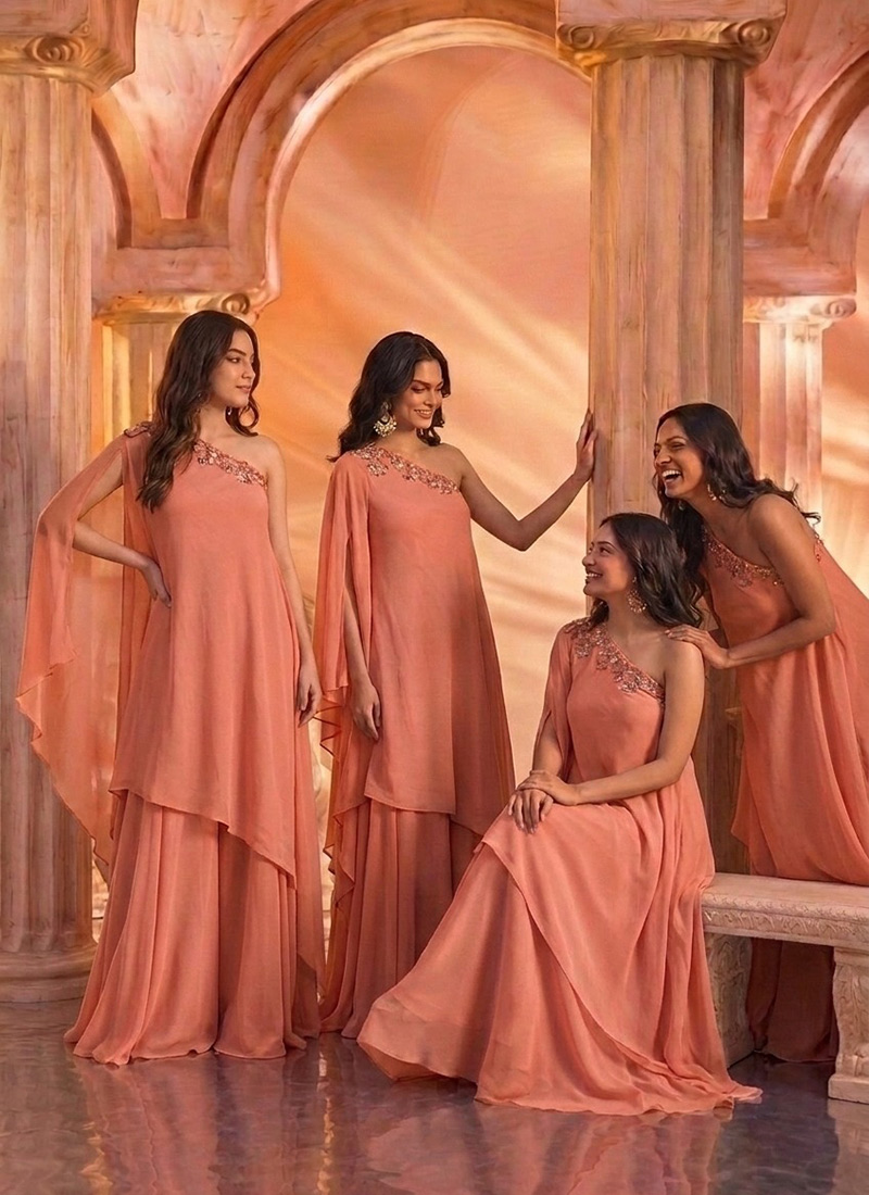 Peach Georgette Zari Embroidered Sequins With Stone Work Indo Western Set After Six Wear