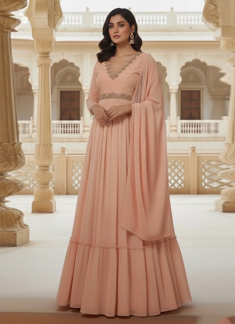 Peach Georgette Zari Hand Embroidered Sequins A line Anarkali Suit Wedding Wear