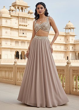 Peach Georgette Zari Mirror With Hand Embroidered Sequins Lehenga