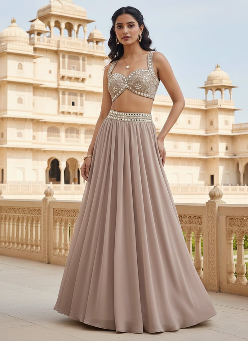 Peach Georgette Zari Mirror With Hand Embroidered Sequins Lehenga