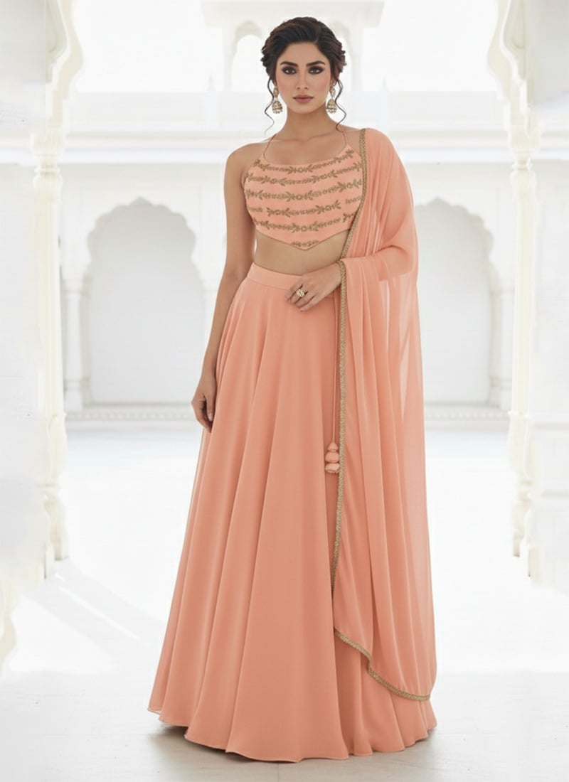 Peach Georgette Zari Sequins Hand Embroidered A Line Lehenga Wedding Wear