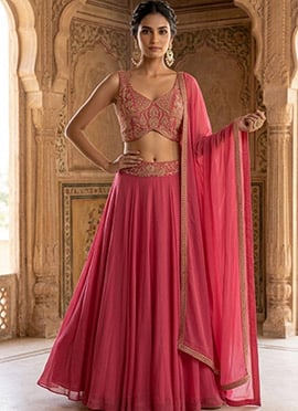 Peach Georgette Zari Sequins Hand Embroidered Cut Dana Lehenga