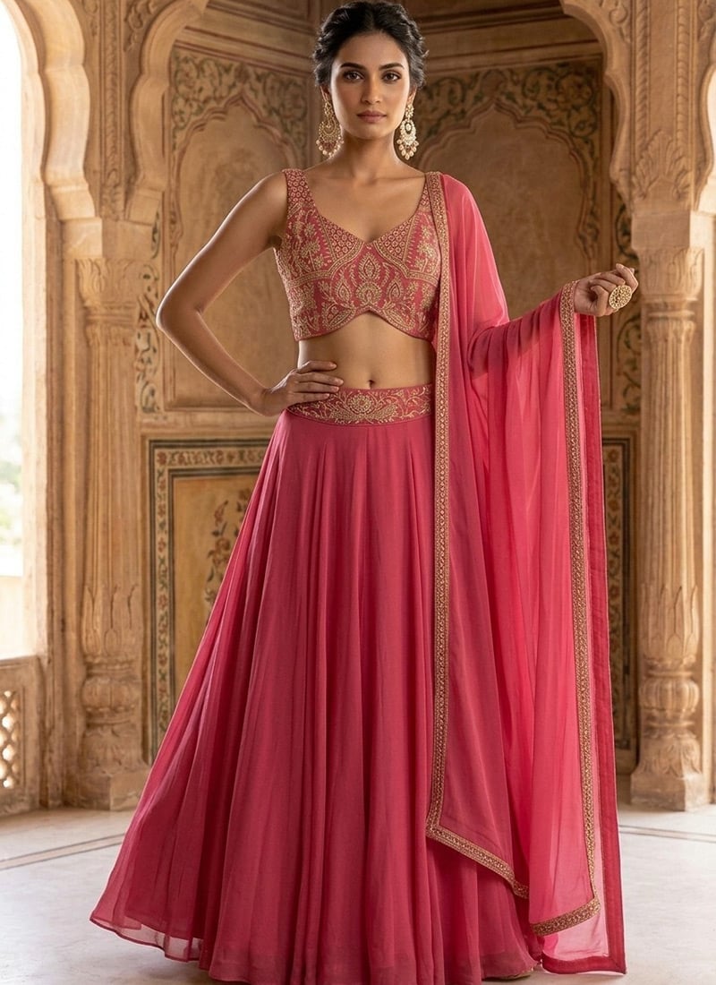 Peach Georgette Zari Sequins Hand Embroidered Cut Dana Lehenga Wedding Wear