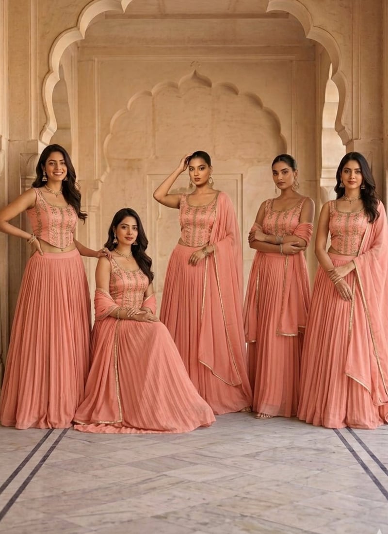 Peach Georgette Zari Sequins Lehenga Wedding Wear
