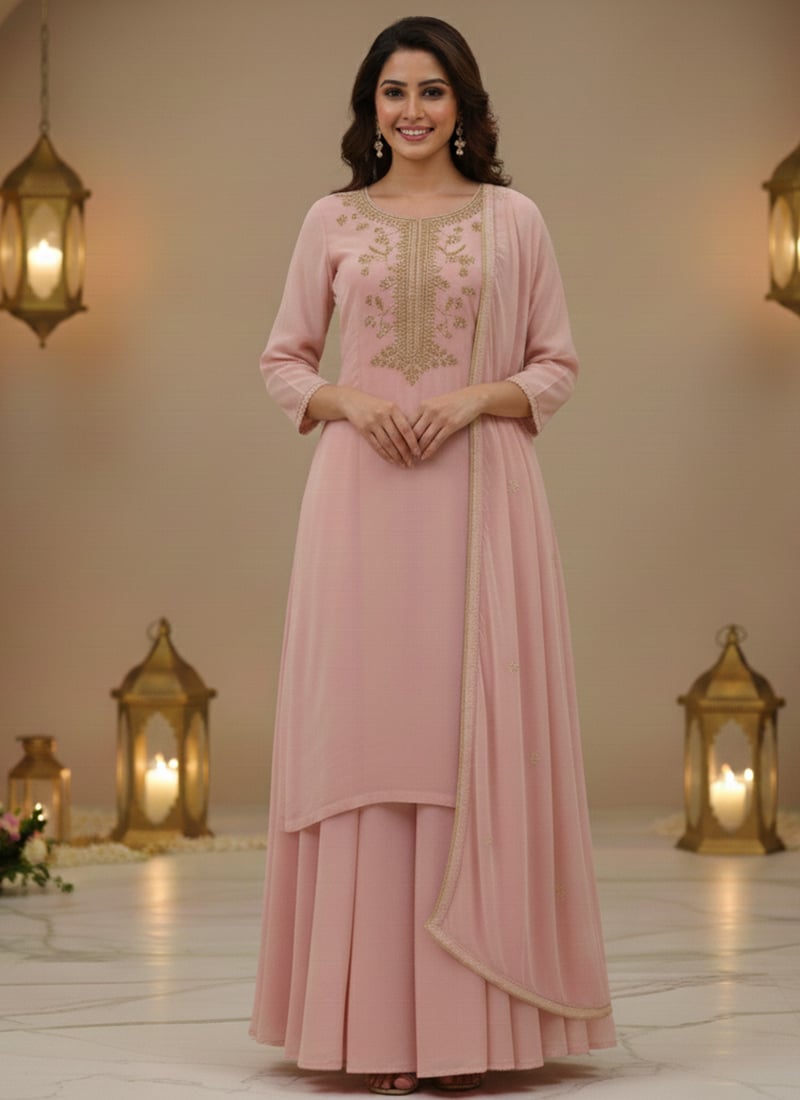 Peach Georgette Zari Sequins Palazzo Suit Festive Wear