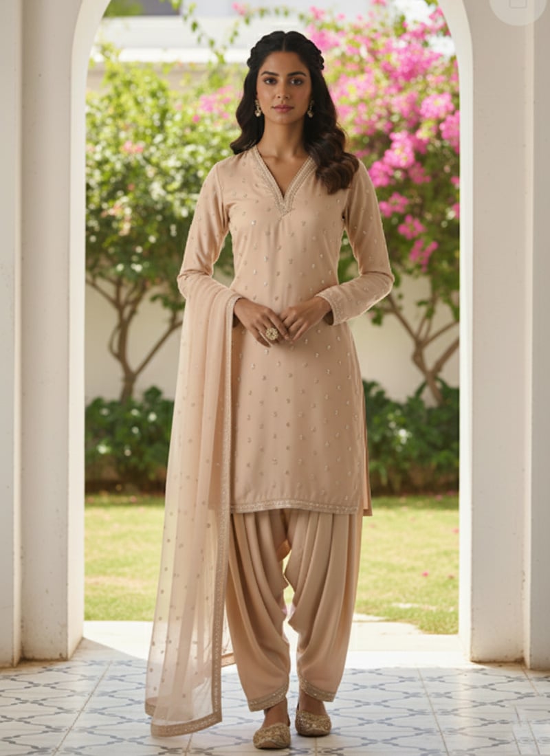 Peach Georgette Zari Sequins Salwar Suit Festive Wear