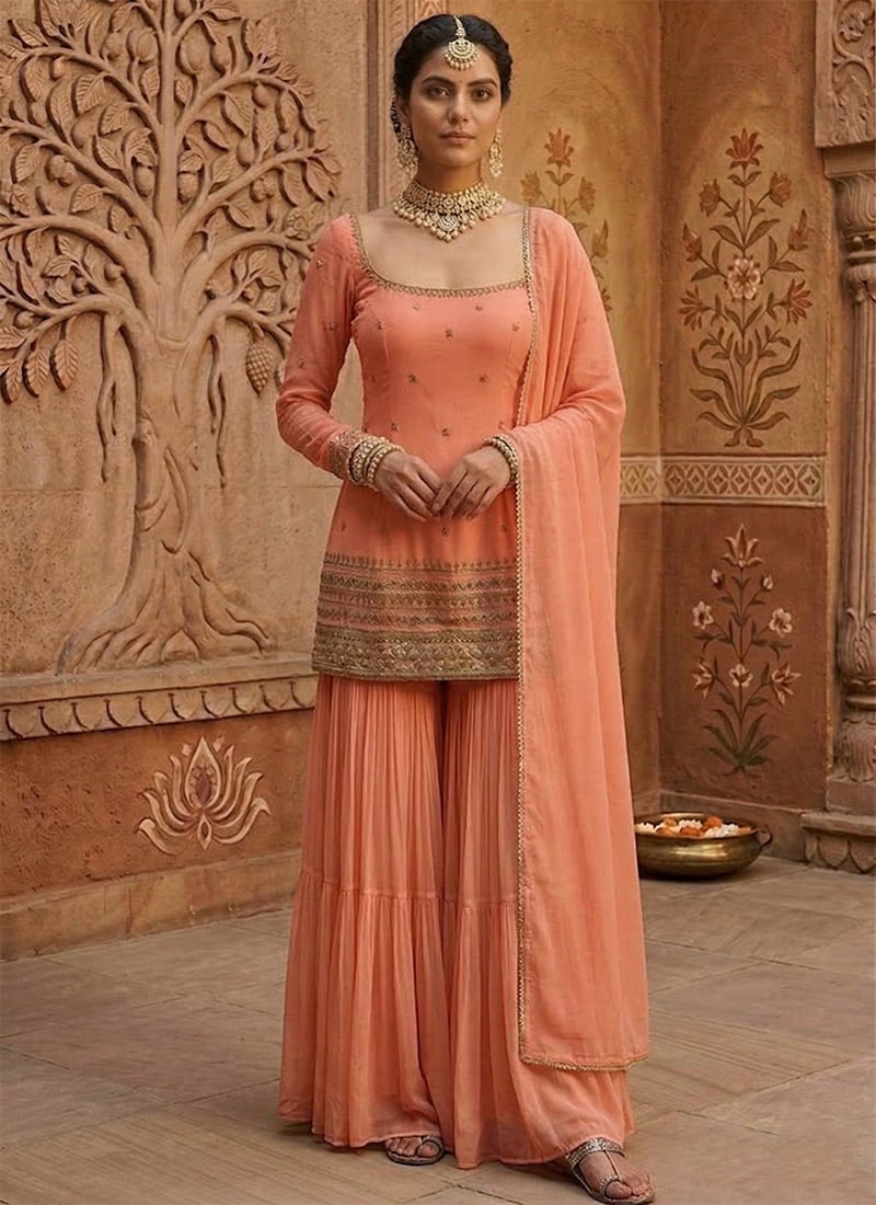 Peach Georgette Zari Sequins Sharara Suit Festive Wear