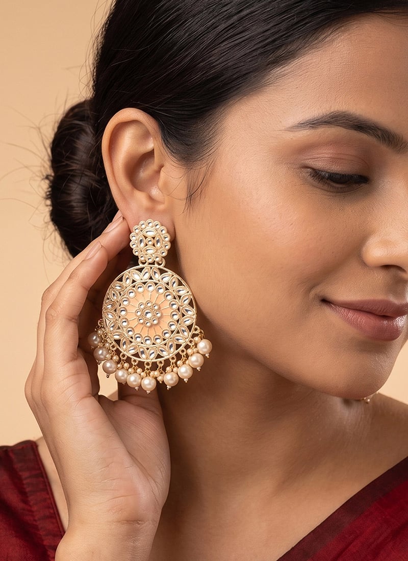 Peach Golden Kundan Pearl Chandelier Earrings After Six Wear