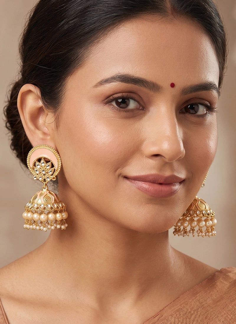 Peach Golden Kundan Stone Pearl Jhumka Earrings After Six Wear