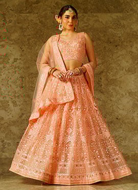 Peach Hand Work Embroidered Sequins Net Elegant Lehenga Wedding Wear