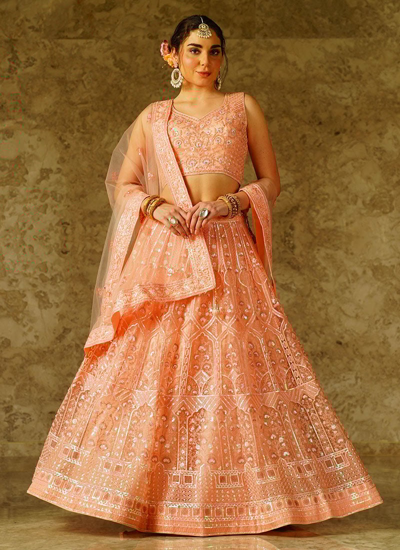 Peach Hand Work Embroidered Sequins Net Elegant Lehenga