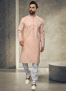 Peach Handloom Cotton Kurta Pyjama
