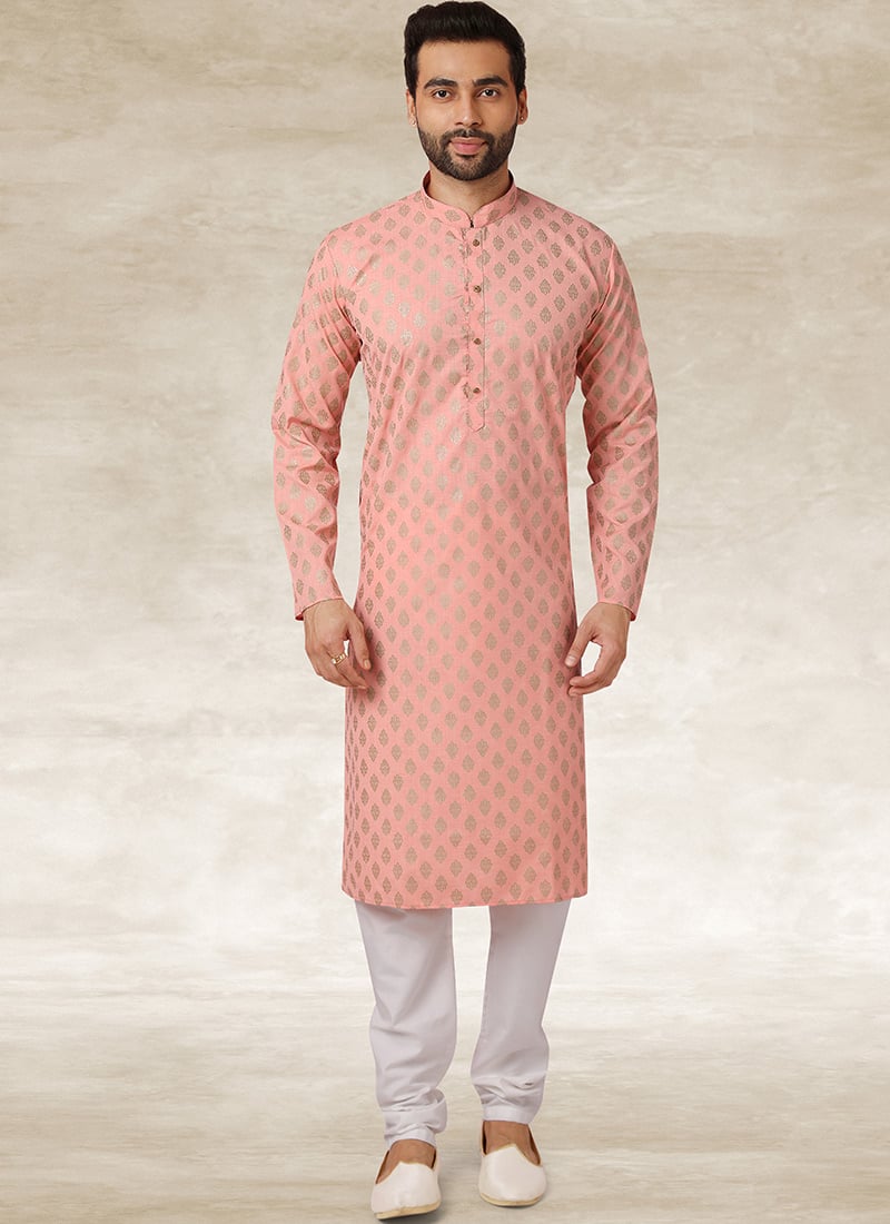 Peach Handloom Cotton Printed Kurta Pyjama