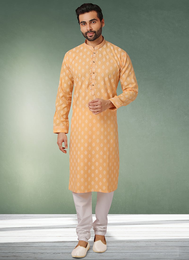 Orange Handloom Cotton Printed Kurta Pyjama Party Wear