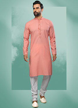 Peach Handloom Cotton Solid Stitch Kurta Pyjama