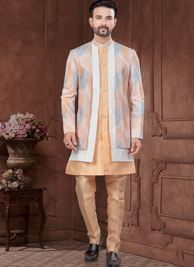 Peach Imported Banarasi Silk Embroidered Sequins Indowestern Sherwani