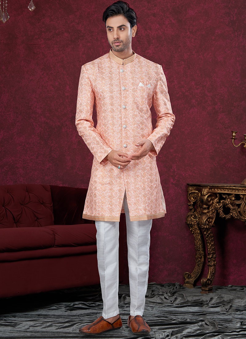 Peach Imported Silk Embroidered Sequins Indowestern Sherwani Festive Wear