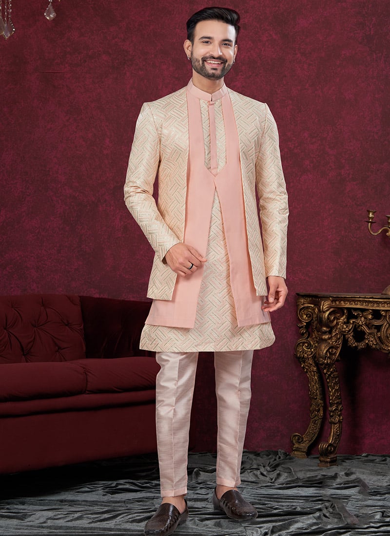 Peach Imported Silk Embroidered Sequins Indowestern Sherwani Wedding Wear