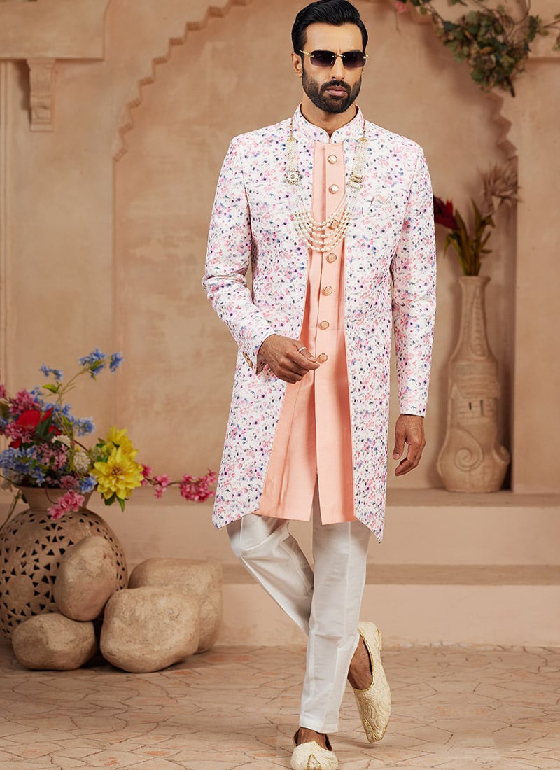 Peach Jacquard Banarasi Silk Digital Print With Embroidered Sequins Indowestern Sherwani Wedding Wear