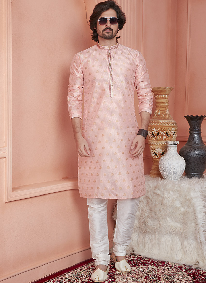 Peach Jacquard Banarasi Silk Zari Work Kurta Pyjama For Men