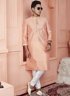 Peach Jacquard Banarasi Silk Zari Work Kurta Pyjama For Men