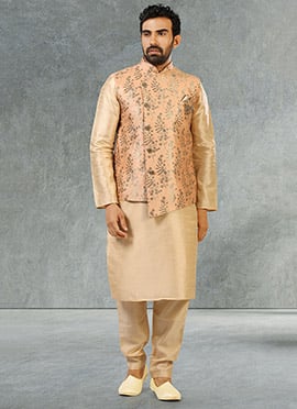 Peach Jacquard Benarasi Silk Bandi Set