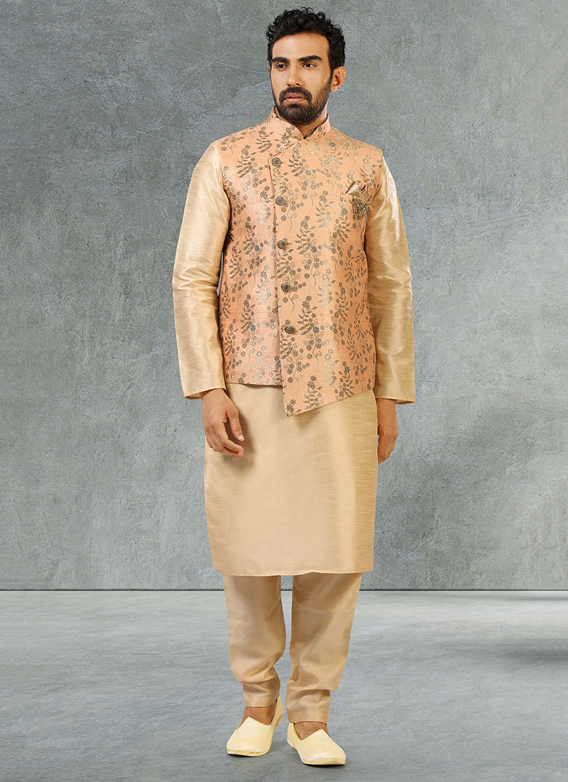 Peach Jacquard Benarasi Silk Bandi Set Party Wear