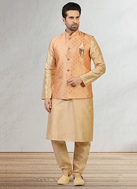 Peach Jacquard Benarasi Silk Bandi Set